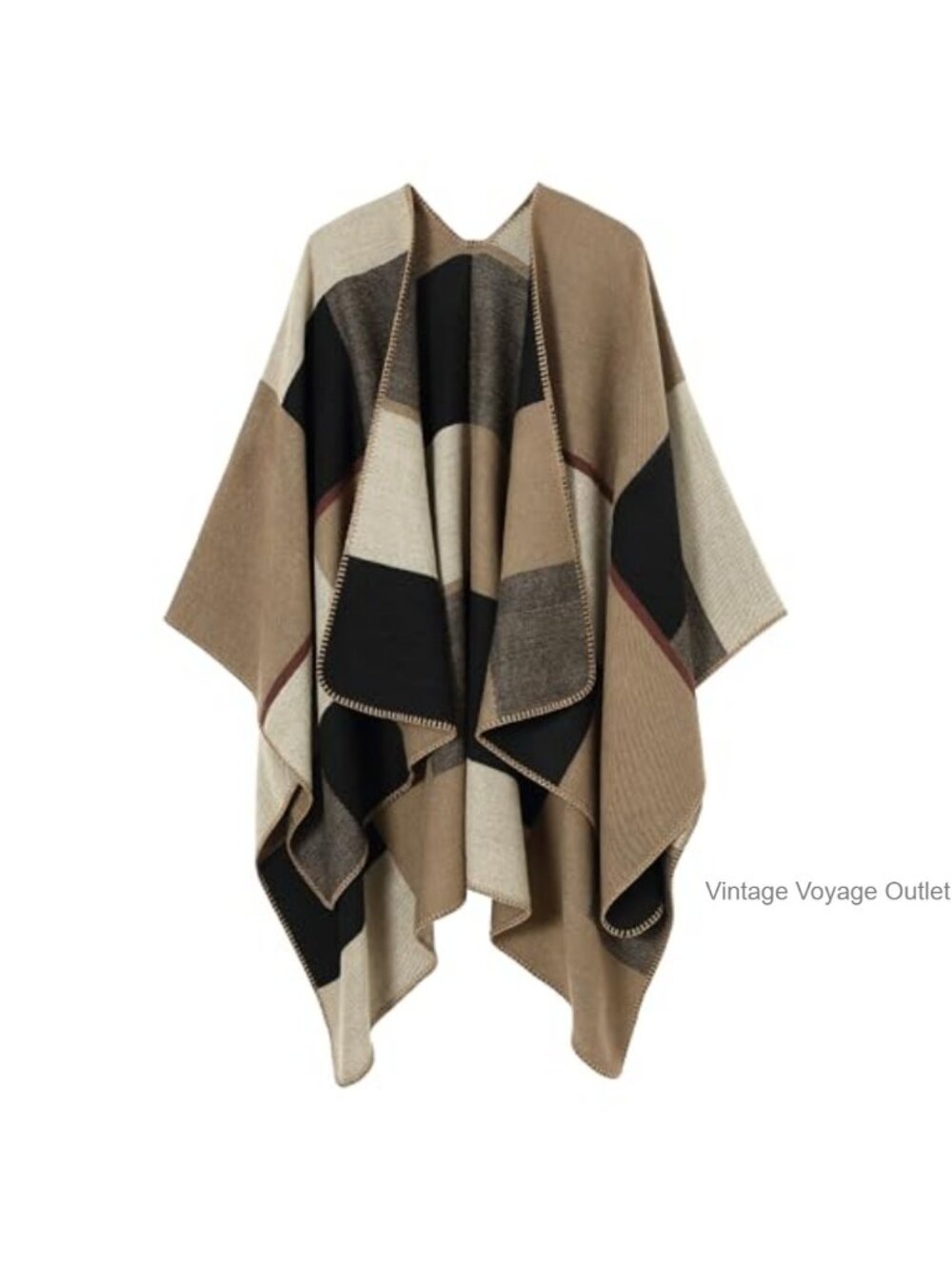 Oversized Plaid Shawl Wrap Poncho Open Front Cardigan Acrylic Polyester
